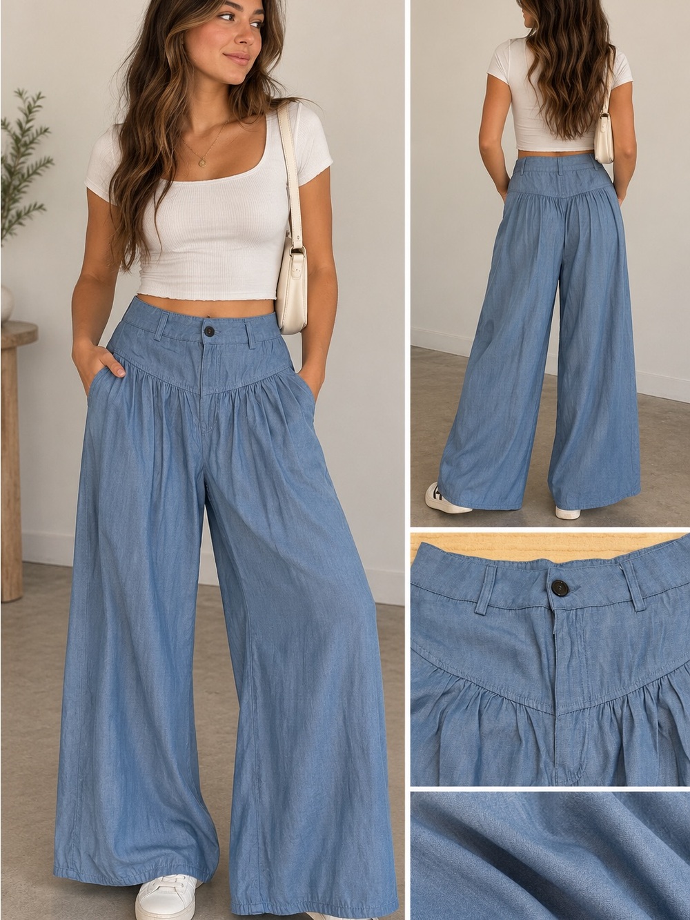 Wide Leg Chambray Pants for Women - Blue